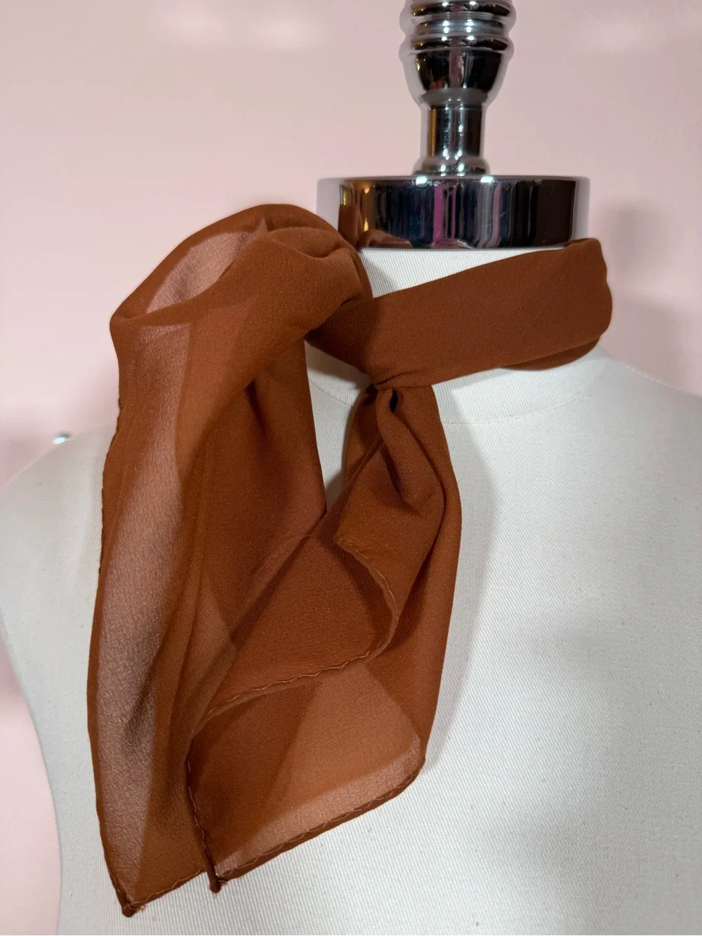 Vintage minimalist semi sheer rust brown rolled edge square scarf cravat EUC
